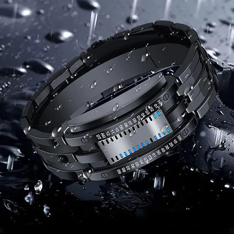Montre binaire pour hommes, style bracelet en acier inoxydable avec LED, lumière bleue, sportive, plaquée sous vide, élégante