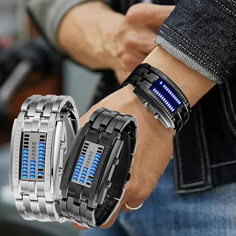 Montre binaire pour hommes, style bracelet en acier inoxydable avec LED, lumière bleue, sportive, plaquée sous vide, élégante