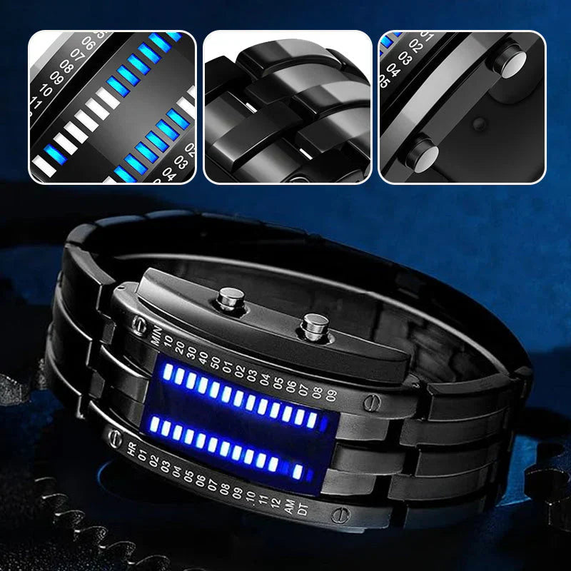 Montre binaire pour hommes, style bracelet en acier inoxydable avec LED, lumière bleue, sportive, plaquée sous vide, élégante