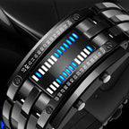 Montre binaire pour hommes, style bracelet en acier inoxydable avec LED, lumière bleue, sportive, plaquée sous vide, élégante