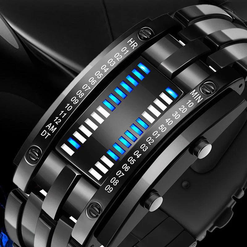 Montre binaire pour hommes, style bracelet en acier inoxydable avec LED, lumière bleue, sportive, plaquée sous vide, élégante
