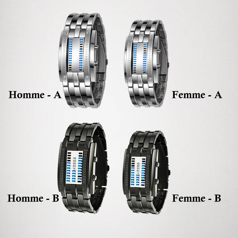 Montre binaire pour hommes, style bracelet en acier inoxydable avec LED, lumière bleue, sportive, plaquée sous vide, élégante